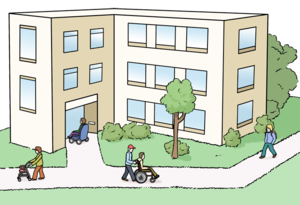  Immagine di un edificio con persone che camminano o si muovono in sedia a rotelle sul vialetto esterno
